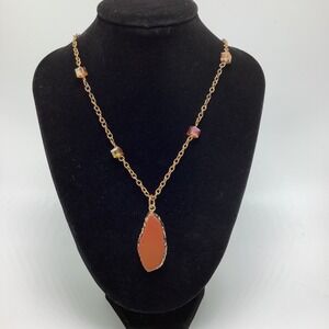 Burnt Orange Agate Slab Pendant Necklace w/ Small Square Crystal Bead Accents